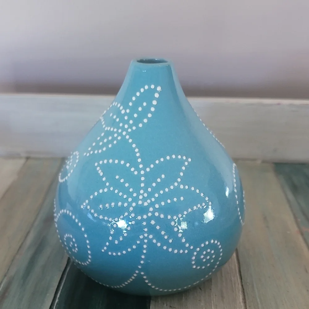 Crate&Barrel Teal Vase with White Dotted Floral Pattern